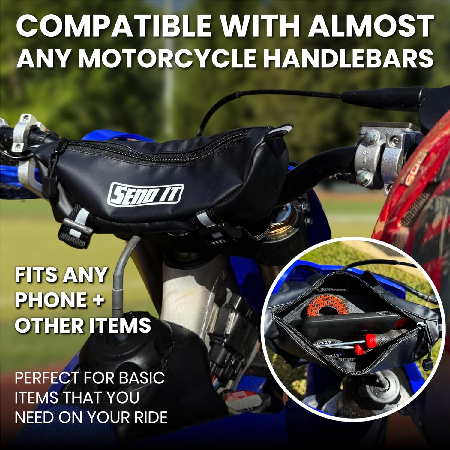 Waterproof Dirtbike Handlebar Bag | Compact Motorcycle Handle Bar Storage Pouch | Universal Fit Dirt Bike Bag for Trail & Adventure Riding | Durable Surron Bar Bag image number 1