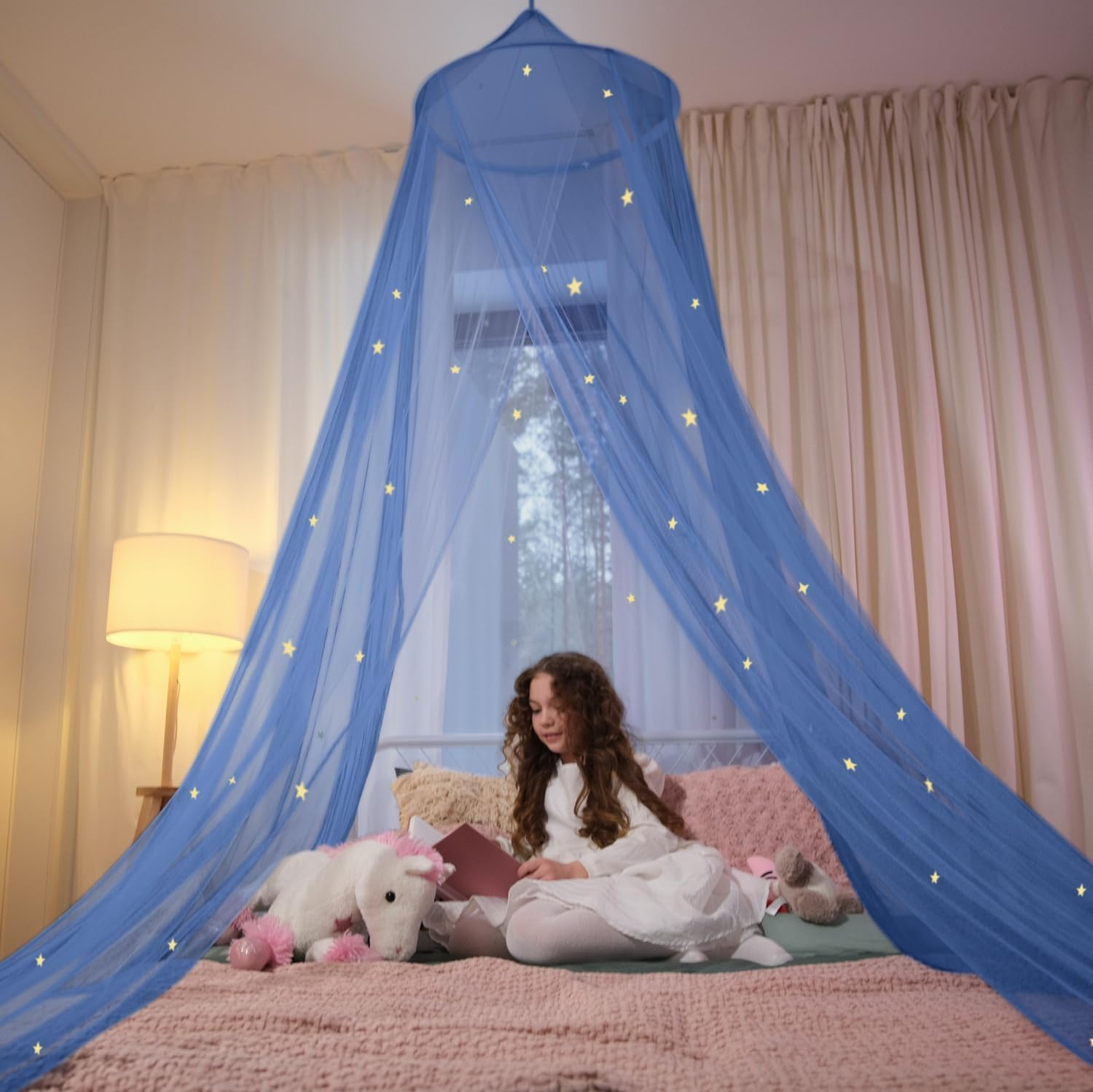 Bollepo Pink Bed Canopy for Girls with Glowing Stars - Canopy Bed Curtains | Fits Single, Twin, Full, Queen Size Kids Bed, Princess Netting Room Decor, Ceiling Tent to Cover Toddler, Canopy for Bed