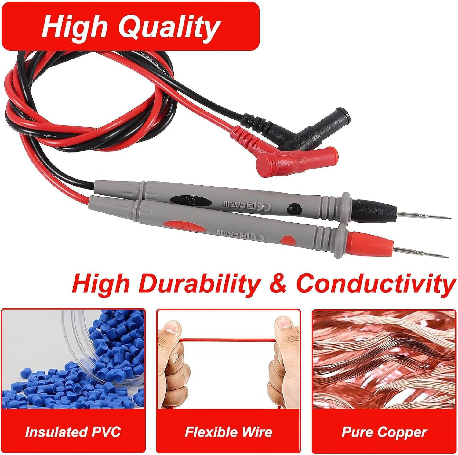 Songholee Soft Silicone Electrician Test Leads Kit CAT III 1000V, Multimeter Leads 20A, Digital Multimeter Probes Electrical Test Probe, Multimeter Test Leads with 2PCS 1000V 10A Crocodile Clips image number 4