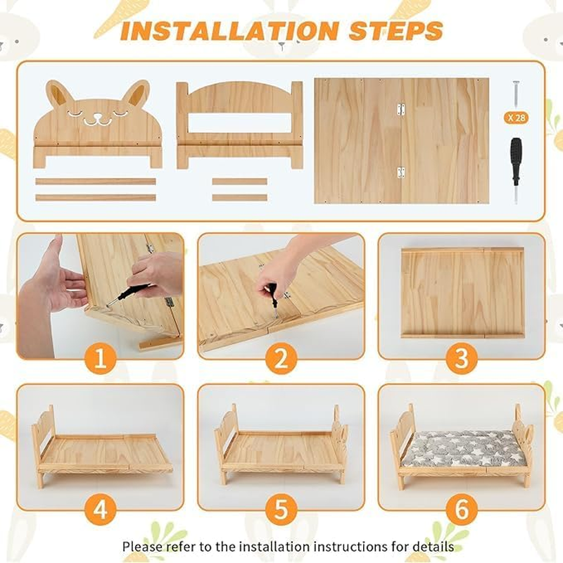 Large Wooden Rabbit Bed with Soft Mat, 2 in 1 Folding Pet Bed for Rabbit Guinea Pig Hamster Ferret Chinchilla Kitten Puppy Sleeping, Detachable Small Animal Bed image number 5