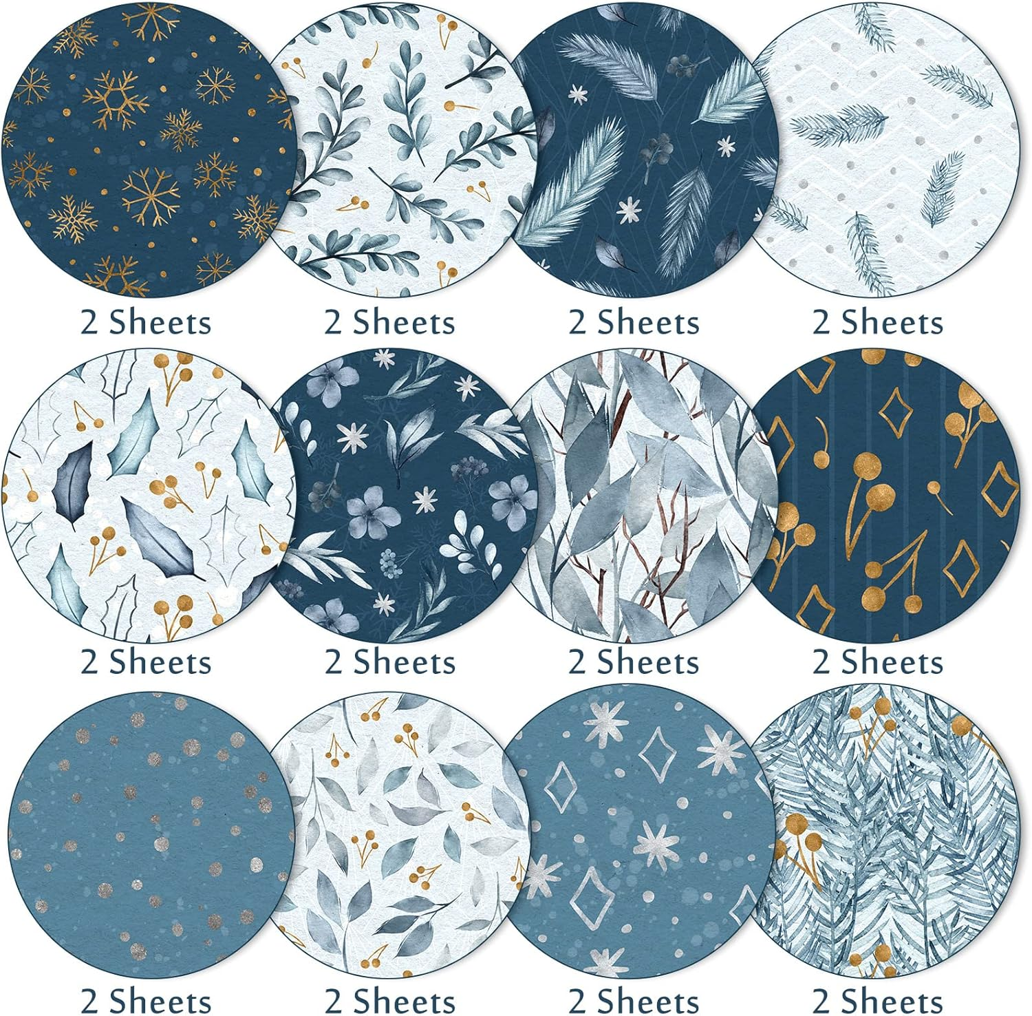 Whaline 24 Pack Christmas Pattern Paper 30X30Cm Watercolor Winter Scrapbook Paper Double-Sided White Blue Snowflake Craft Paper Folded Flat for DIY Card Making Scrapbook Photo Album Decor, 12 Designs image number 5