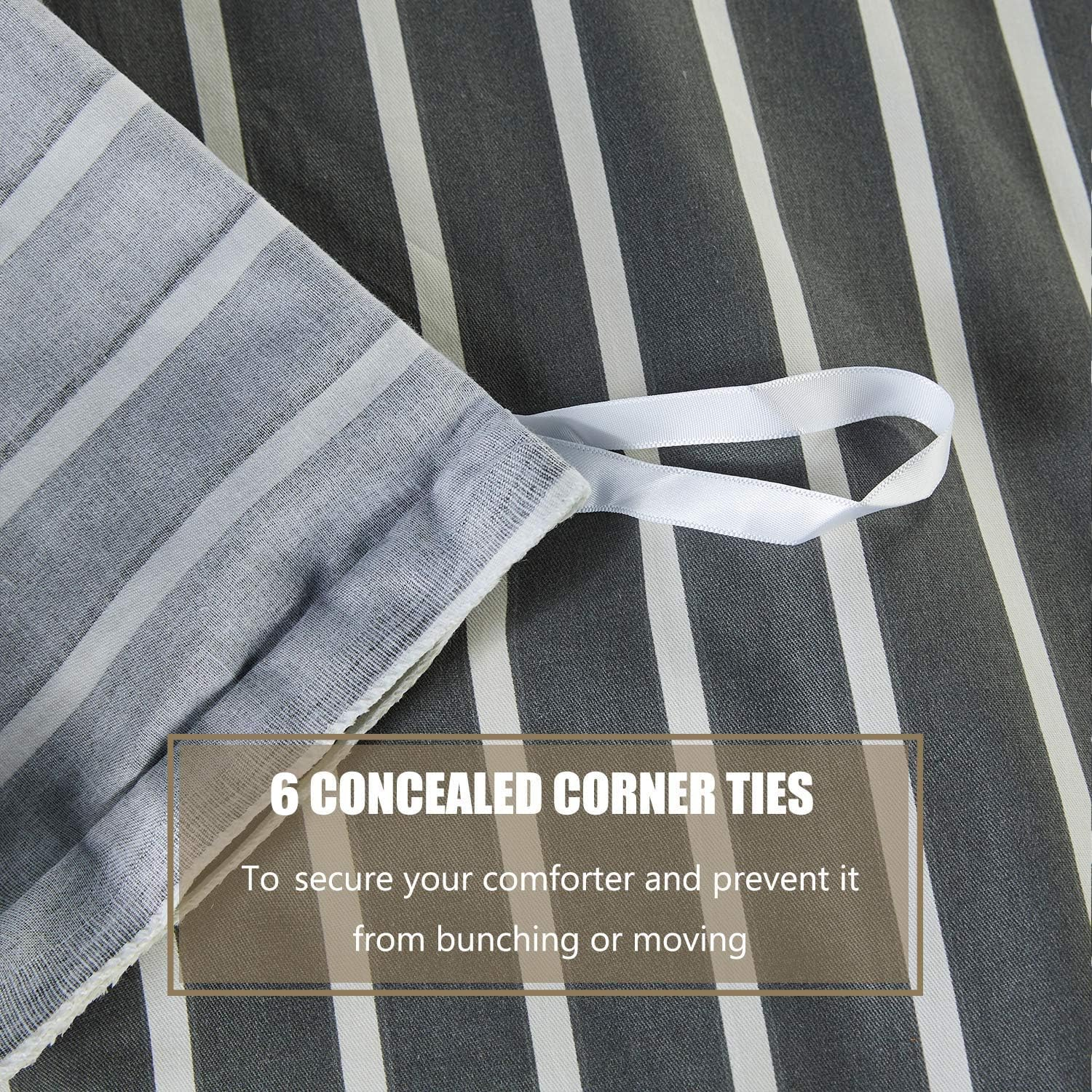 JELLYMONI 100% Natural Cotton 3Pcs Striped Duvet Cover Sets, Dark Grey Duvet Cover with White Stripes Pattern Printed Comforter Cover, with Zipper Closure & Corner Ties(Queen Size) image number 4
