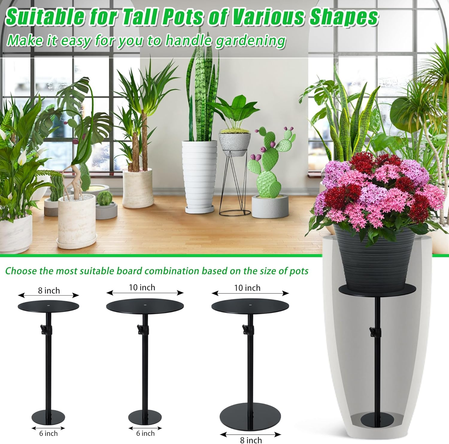 Adjustable Height Plant Risers for inside Pots, 17-32" Rise Planter Inserts Filler for Large Pots, Plant Lift Insert Flower Pot Filler for Indoor Outdoor Tall Taper Pot Containers(6 8 10 Base or Top) image number 4