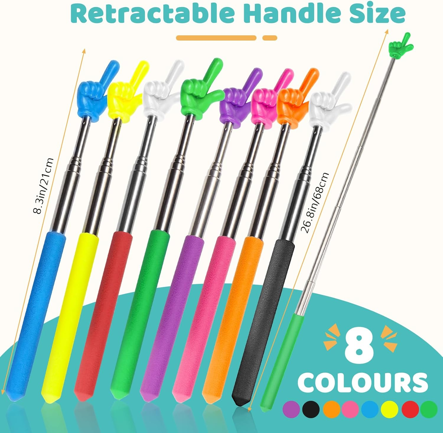 Bagentry 8 Pcs Teacher Pointer Stick for Classroom, Extendable Pointer Finger, Telescoping Hand Pointer, Retractable Pointing Stick Reading Aid for Presentation Whiteboard School Supplies - Red, Yellow, Blue, Green image number 7