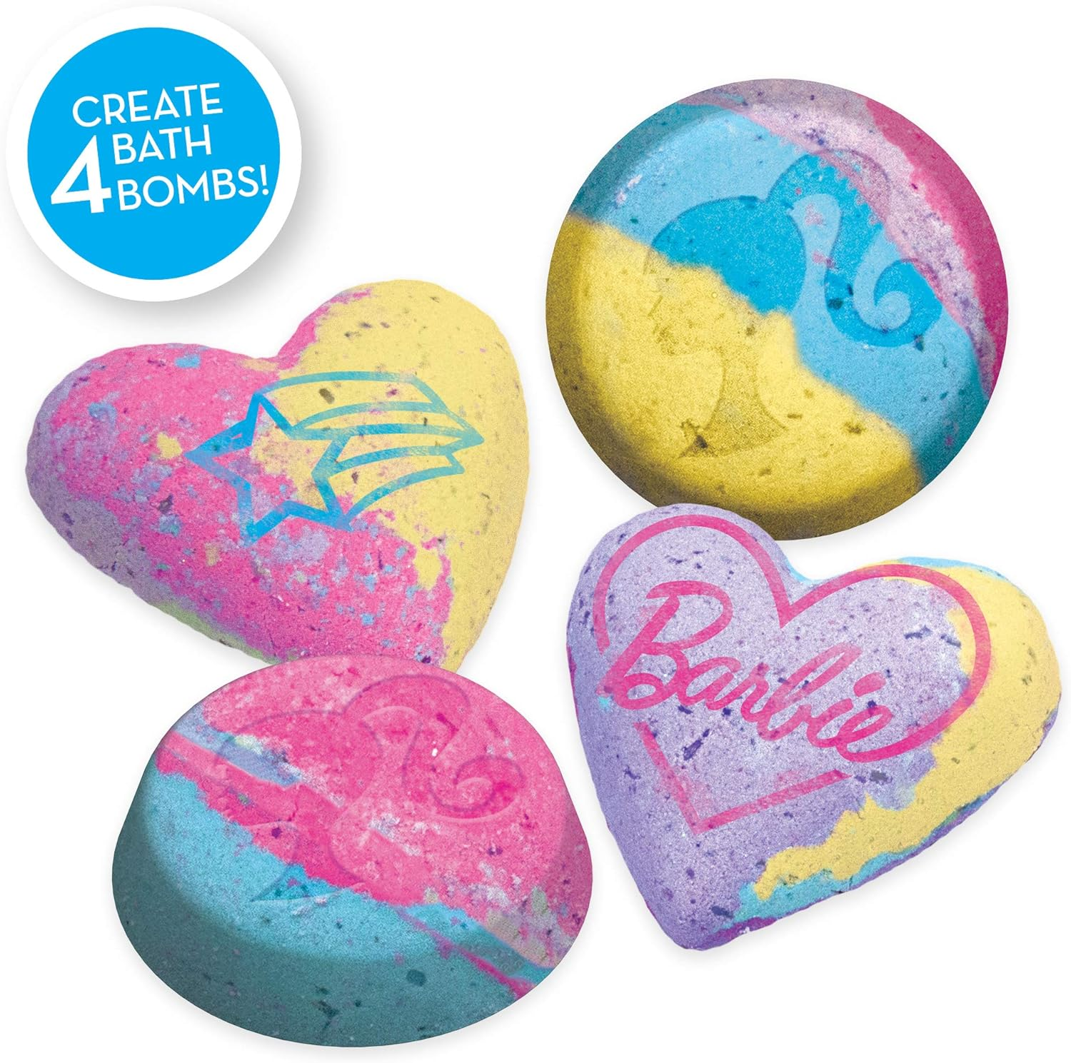 Barbie Make Your Own Bath Bomb Kit by Horizon Group USA, DIY Four Custom Colorful & Sweet-Smelling Bath Bombs, Includes Stencil, Glitter, Molds, Fragrances & More, Pink, Yellow, Teal & Purple image number 5
