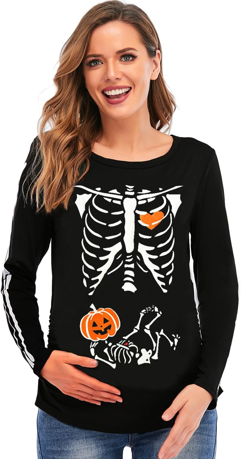 DDSOL Women Halloween Skeleton Maternity Shirt Long Sleeve Pumpkin Skeleton Baby Pregnancy Tops