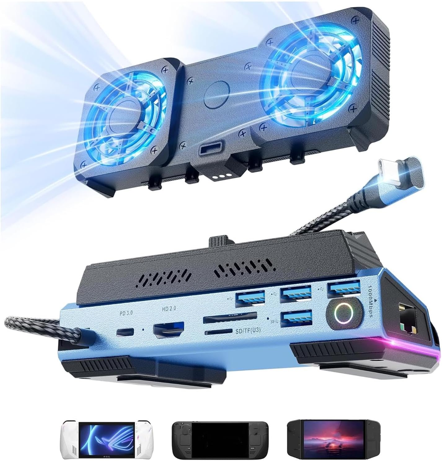 10 in 1 Docking Station for Legion Go for Claw, 4K 60Hz HDMI Dock Conversion Adapter RGB Detachable Dual Cooling Fan USB 3.0 Gigabit Ethernet PD100W USB C Charging Port M.2 image number 4