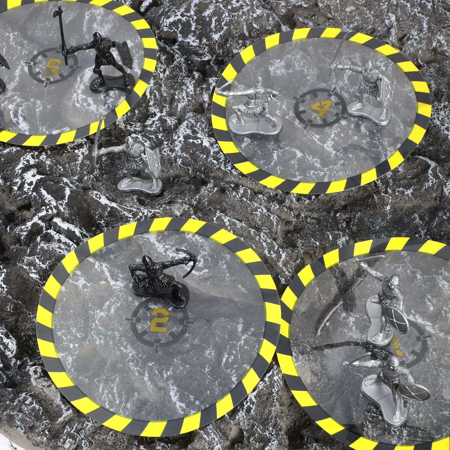 Libima 6 Pcs Objective Point Markers PVC round Objective Marker Black and Yellow Gaming Accessory, Miniature Not Included image number 4