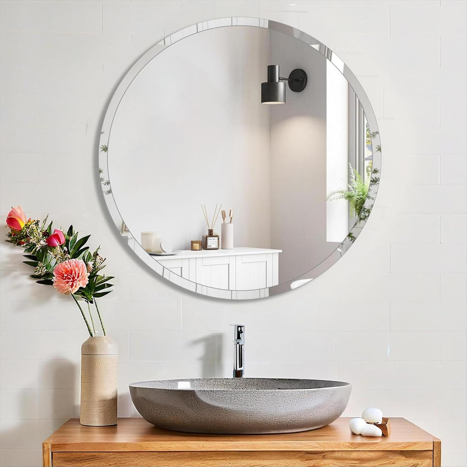 ANYHI round Wall Mirror, 50X50Cm Black round Mirror, Bathroom Mirror for Wall, Hanging Circle Mirror, Decorative round Wall Mirror, Wall Mounted Mirror for Bathroom, Bedroom, Entryways, Living Room