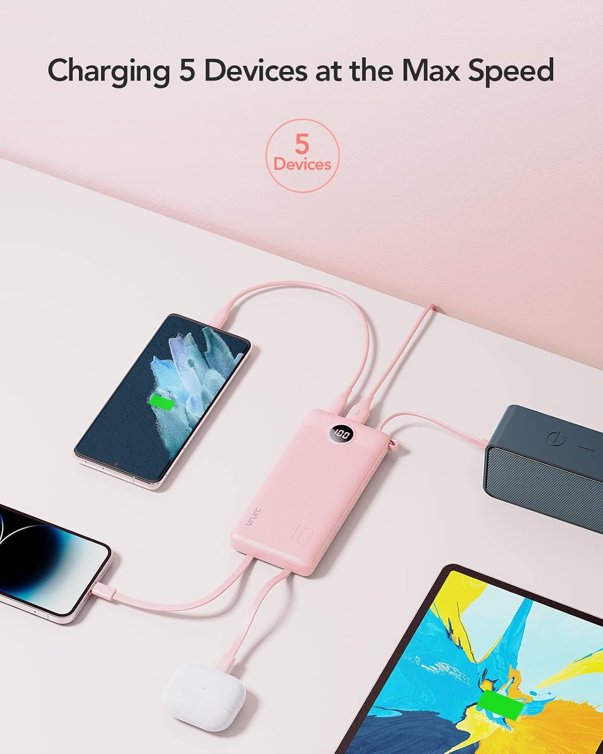 Portable Charger 10000Mah,Vrurc Power Bank with Built-In Cables, 5 Output 2 Input Cell Phone Battery Pack, Slim LED Display, USB C Phone Charger Compatible with Iphone,Samsung,Android Etc-Pink - Green image number 3