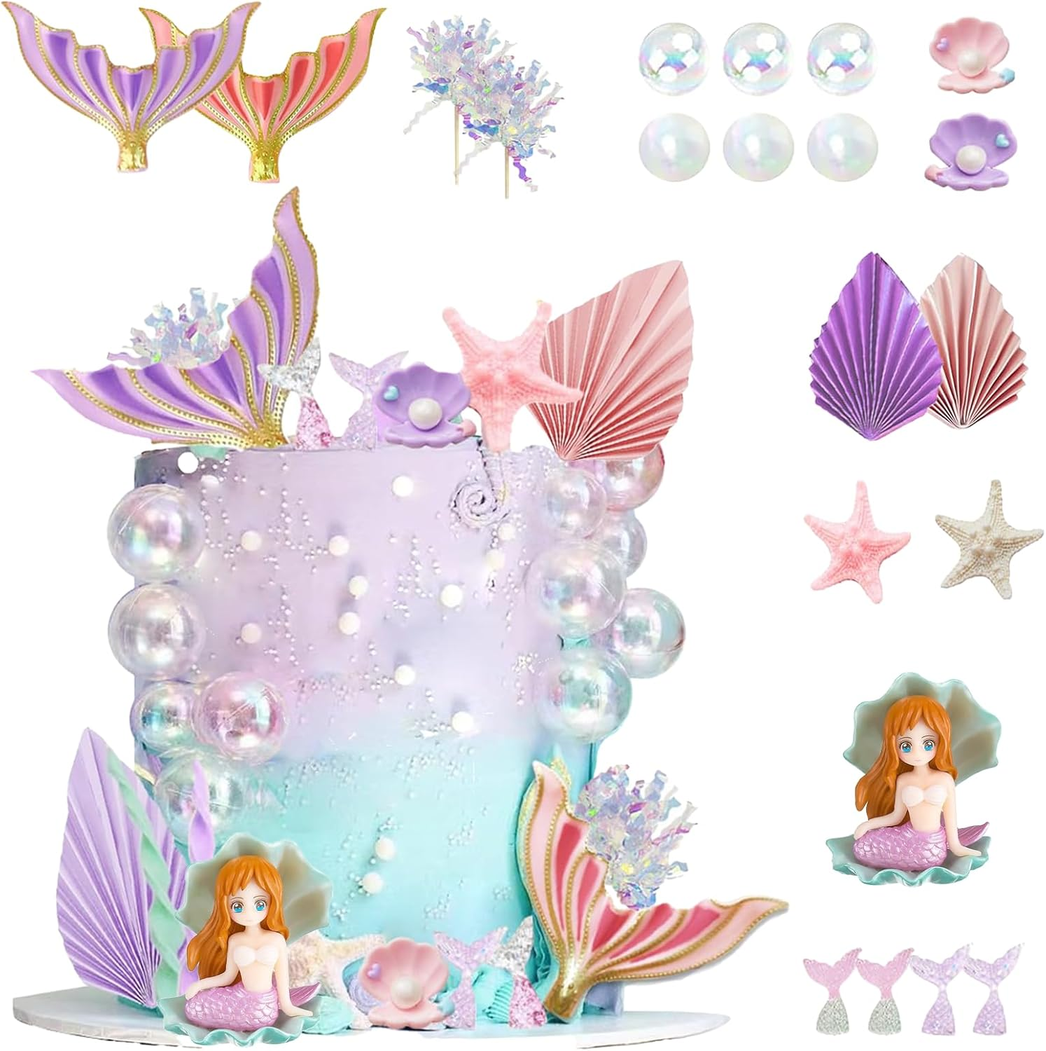 APAILANT 21 PCS Mermaid Cake Toppers Happy Birthday Cake Decorations Cake DIY for Girls Birthday Party