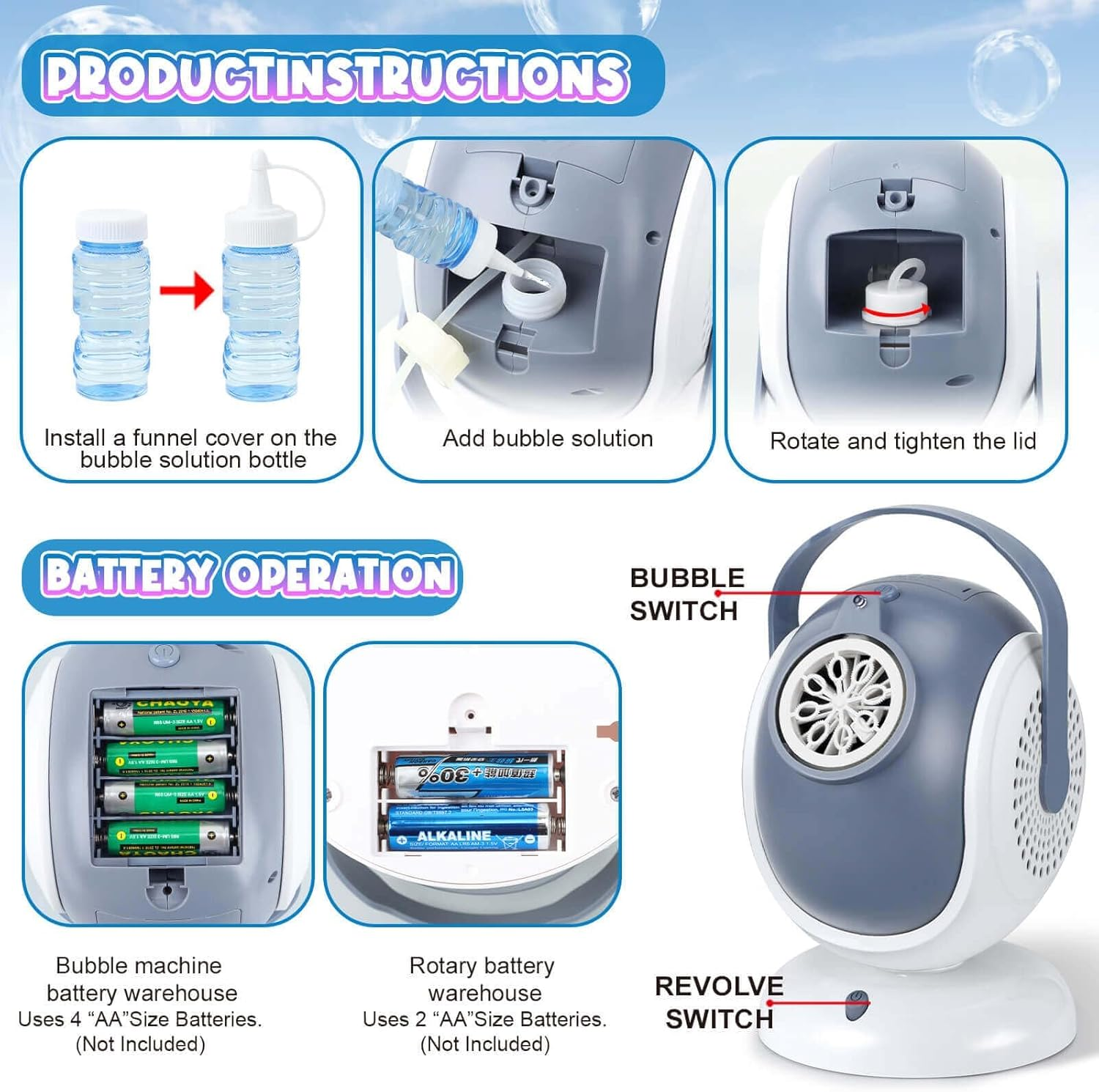 Bubble Machine, 360&deg; Rotation and 75&deg; Adjustment Bubble Machine Toy with LED Light for Easter, Outdoor, Birthday, Party Gifts, Ages 15 and Above image number 1