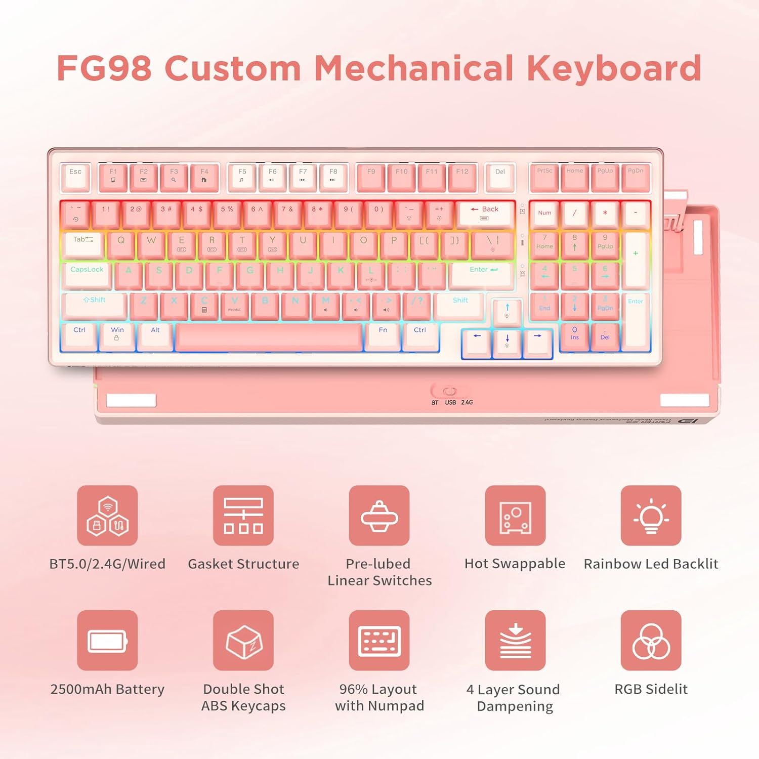 HUO JI 96% Wireless Mechanical Keyboard, Hot Swappable, Pre-Lubed Blue Switches, Gasket Structure, Bluetooth/2.4Ghz/Usb-C, Led Backlit, PBT Keycap Custom Gaming Keyboard for PC (Pink)