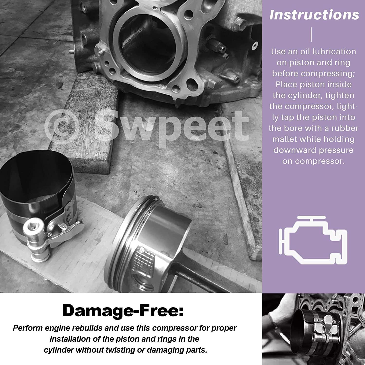 Swpeet 8Pcs 3" 4" 6" Piston Ring Compressor and Adjustable Piston Installation Tool Installer Removal Pliers with Wrench and Stainless Steel Feeler Gauge Assortment Kit for Car Engine image number 4