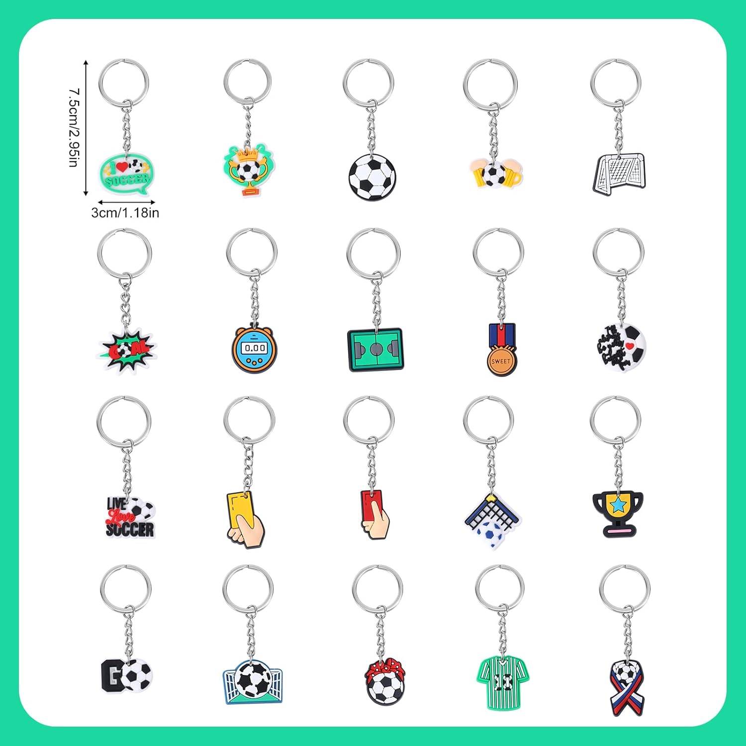 Gosknor 20Pcs Soccer Keychains, Sports Themed Soccer Ball Key Chain Assorted Soccer Goodie Bags Stuffers Football Party Favors for Kids Birthday Carnival Classroom Rewards, Multicolored image number 3