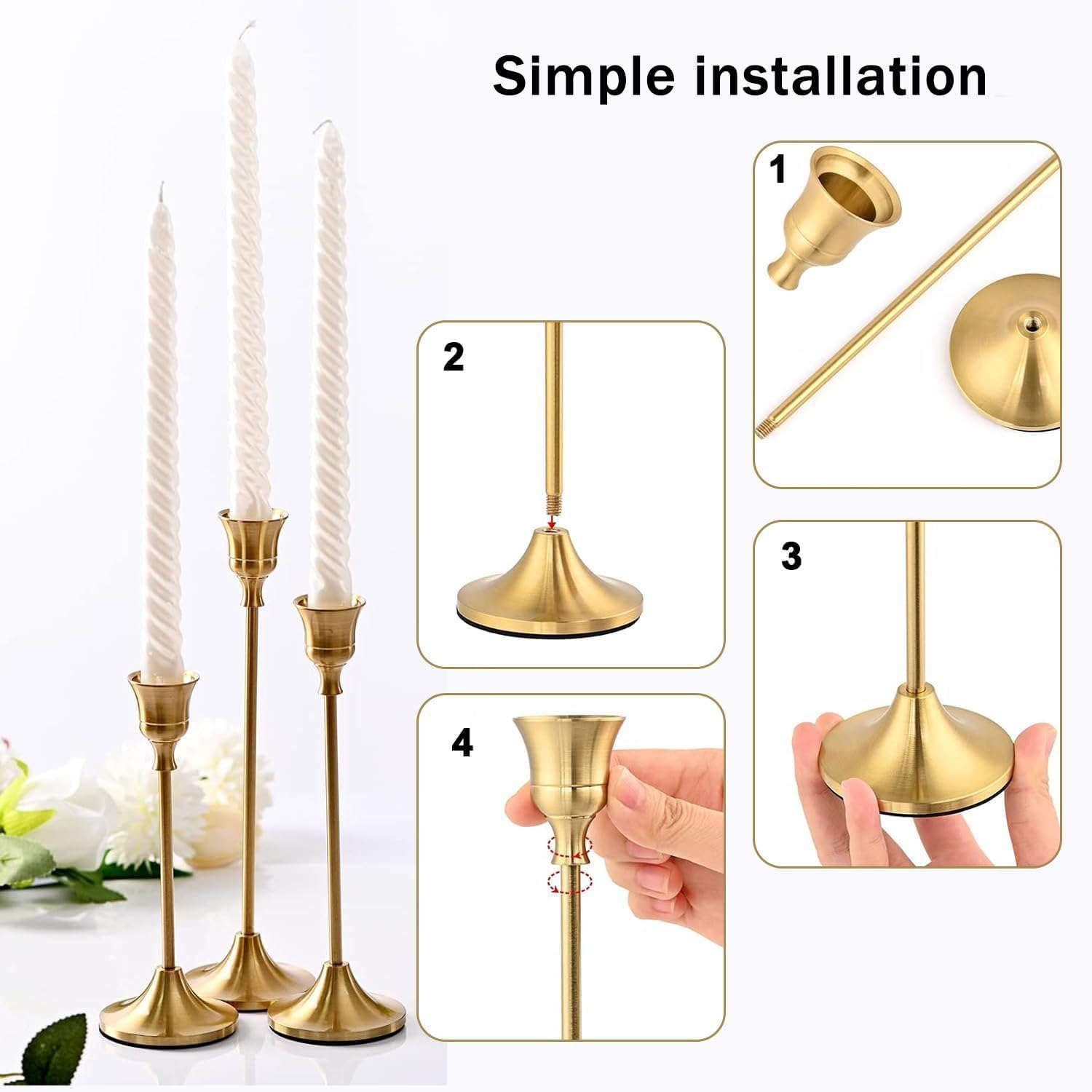 Taper Candle Holders Set,Vintage Modern Decorative Candlestick Holders for Home Decor, Dining, Party, Wedding(Gold,3Pcs) image number 4