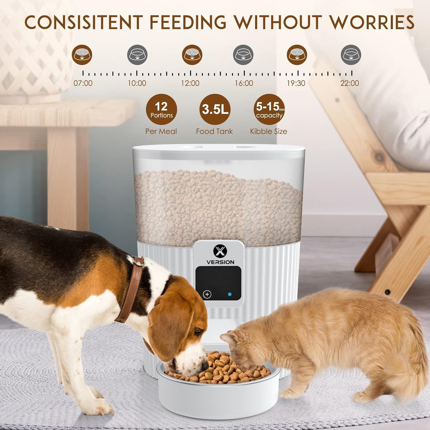 Xversion Automatic Cat Feeders with APP: Wifi Pet Food Dispenser for Cat & Small Dog, Smart Timed Auto Pet Feeder, Portion Control- Battery and Plug-In Power up to 10 Meals per Day (15 Cup) - White image number 1