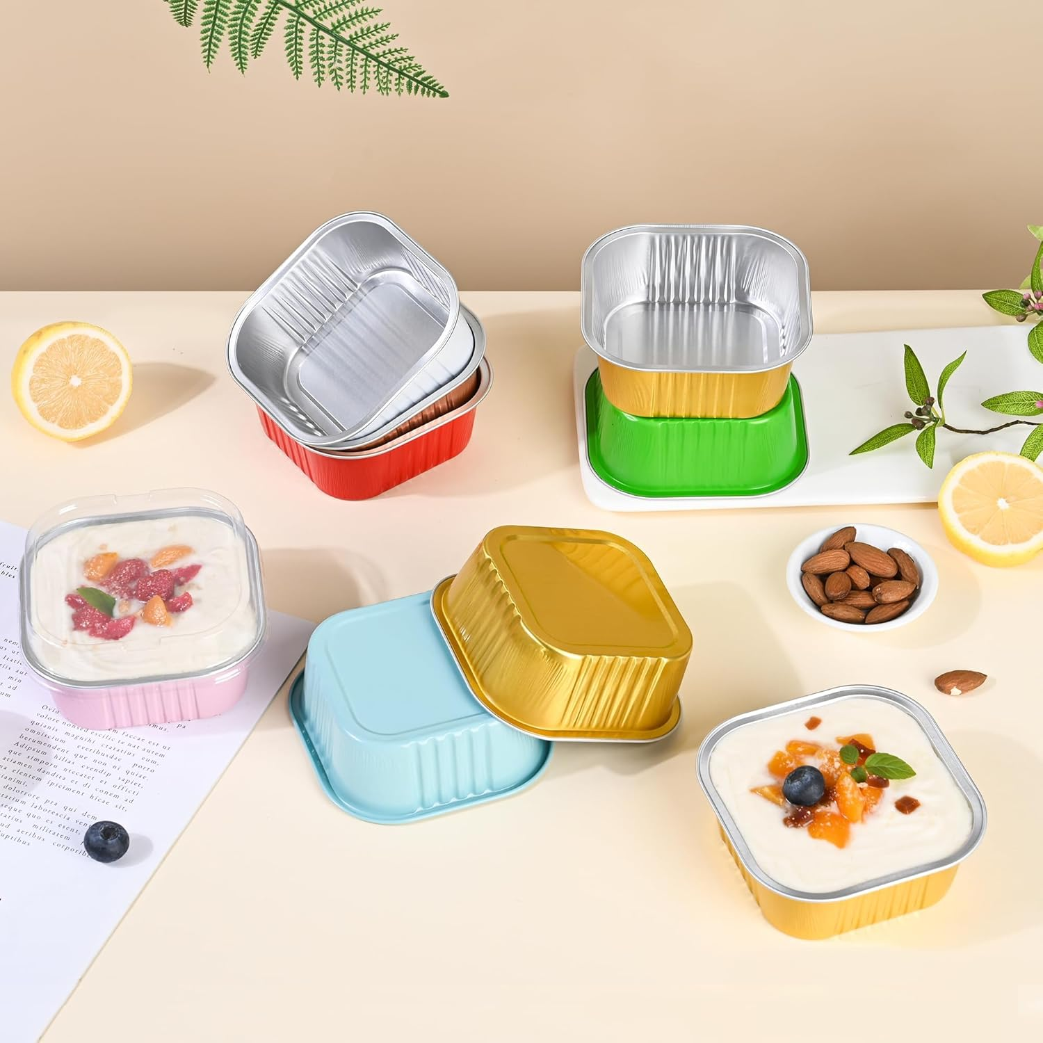 40 Pack Mini Cake Pans with Lids, 5Oz Square Aluminum Foil Brownie Baking Cups, Muffin Tin Ramekins, Disposable Dessert Cupcake Cups for Wedding Birthday Party, White