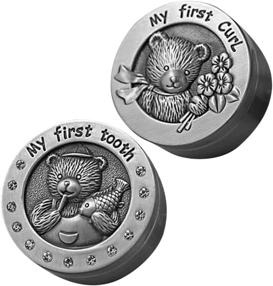 YARNOW 2Pcs Tooth Holder Boxes with Lining Alloy Metal Keepsake Case for First Tooth and Curl Storage Newborn Gift Organizers with Bear Pattern for Boys image number 1