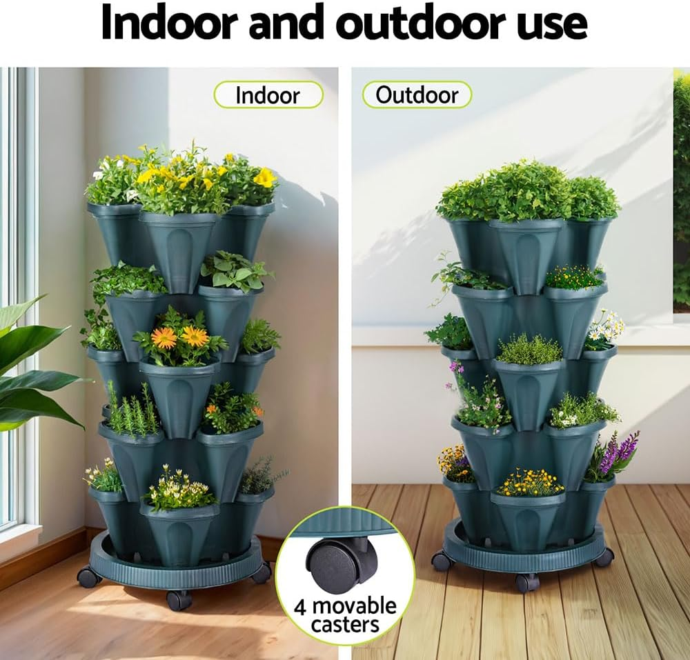 GREEN FINGERS Garden Bed 5 Tier Vertical Garden Strawberry Stackable Planters Dark Green image number 6