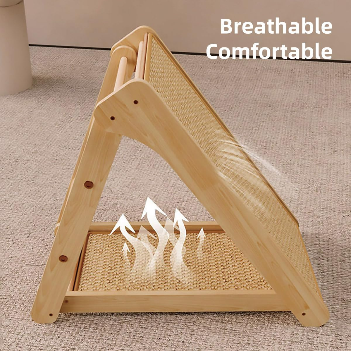 AIMALL Wooden Cat Scratching Board with Sisal Pad, 19.3X10.2X17.7In Wear-Resistant Cat Climbing Frame and Nest, Space-Saving Natural Wood Colour Interactive Cat Toy for Indoor Cats image number 6