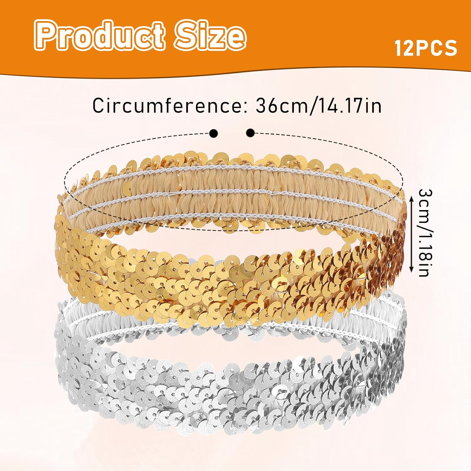 Sequin Headbands 12 Pack - Silver & Gold, Sparkle Disco Adjustable Elastic Glitter Head Bands for Girls & Women, Sparkly Fashion Elastic Headbands for Dance Party