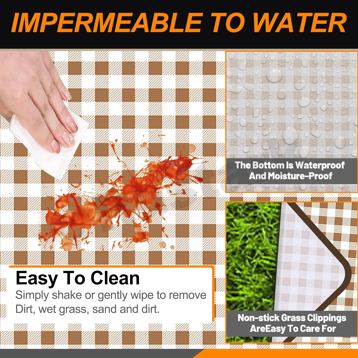 Rustark 79" X 79" Picnic Blanket Outdoor Picnic Mat Beach Blanket Extra Large Foldable Waterproof Portable Gingham Picnic Blanket Picnic Rug for Hiking, Beach, Camping, Park, BBQ and Music Festivals - Coffee Plaid image number 4