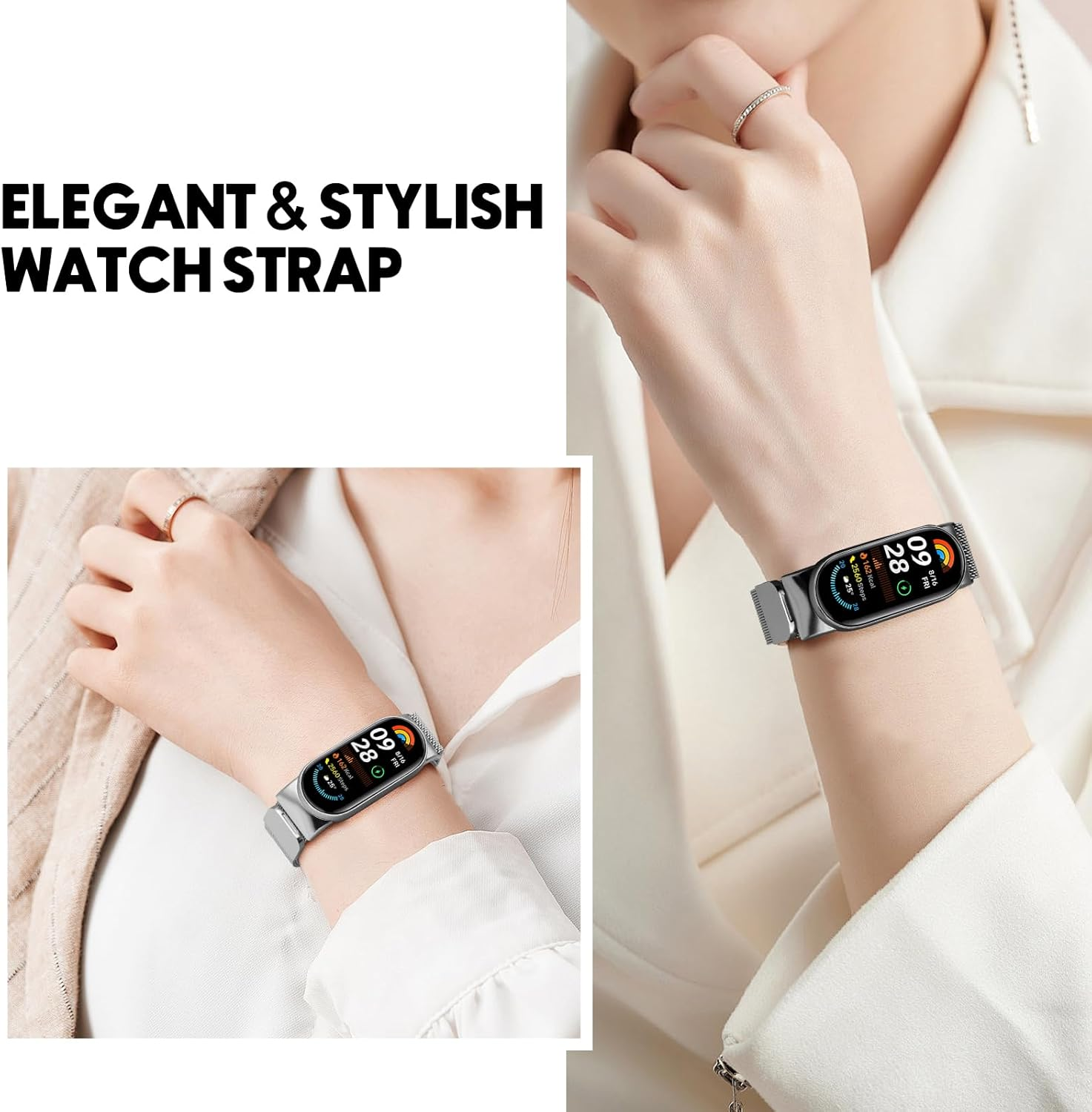 CHANRASI Pack of 2 Replacement Wristbands Compatible with Xiaomi Mi Band 9/8 Women Men Adjustable Metal Bracelets Made of Stainless Steel for Xiaomi Mi Band 9/8 Black Silver