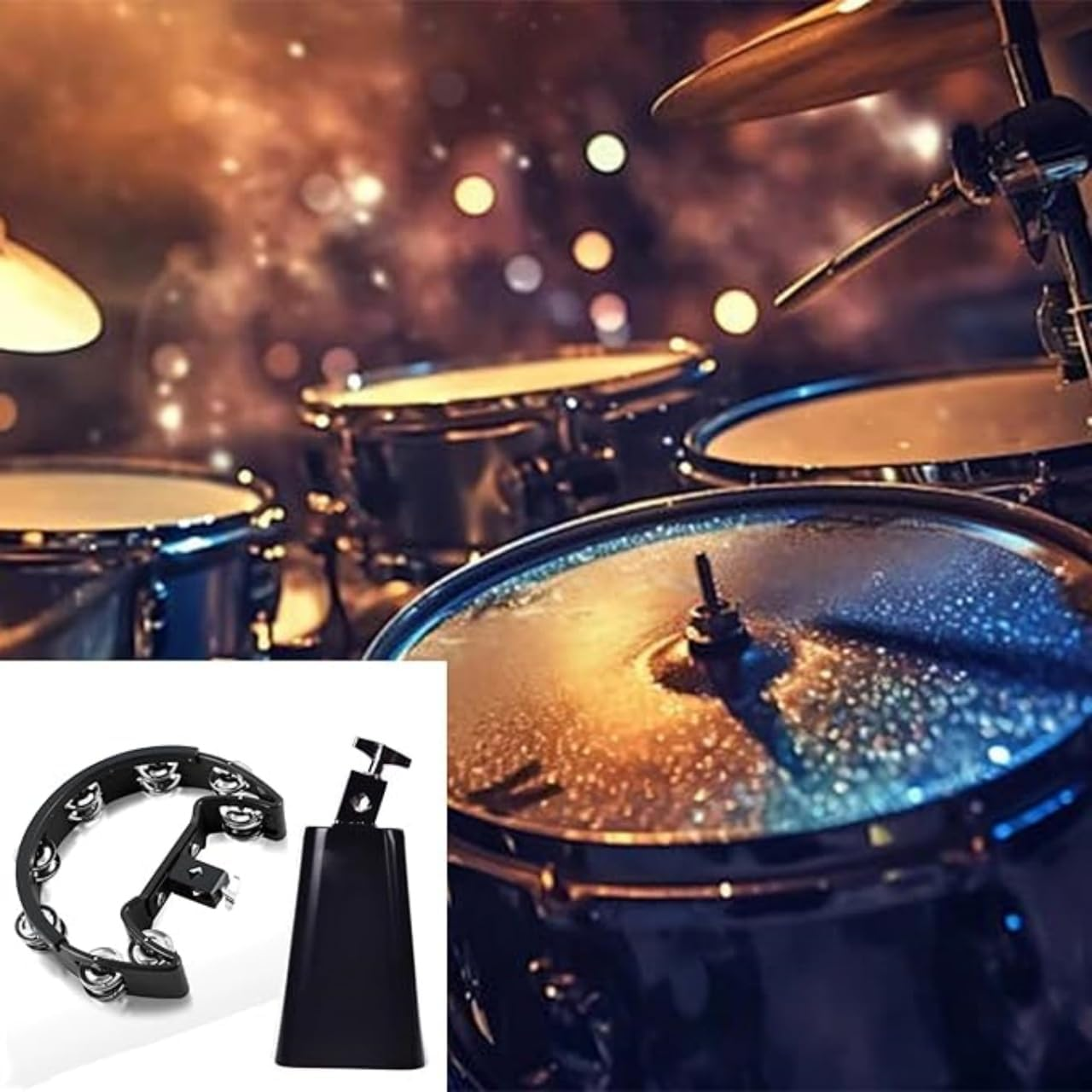 Tambourine and Cowbell Kit, Drum Set Tambourine with Mounting Eye Bolt, Mountable Tambourine and 7 Inch Cowbell for Drum Set(8 Double Rows of Jingles, Black) image number 5