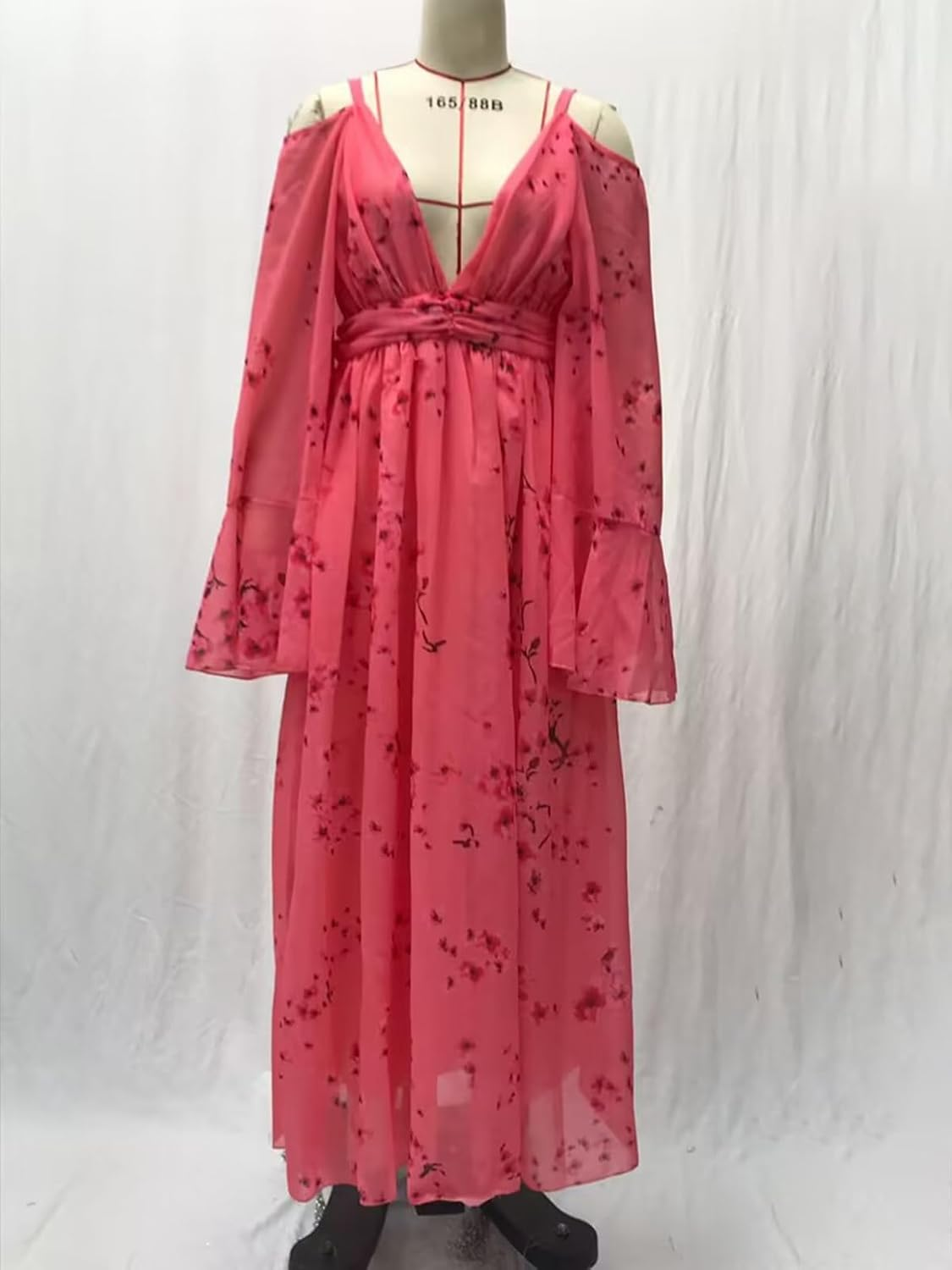 Qiribati Maternity Dress Suspender Deep V Neck Pregnant Clothes Printed Sexy Long Sleeve Pleated Maxi