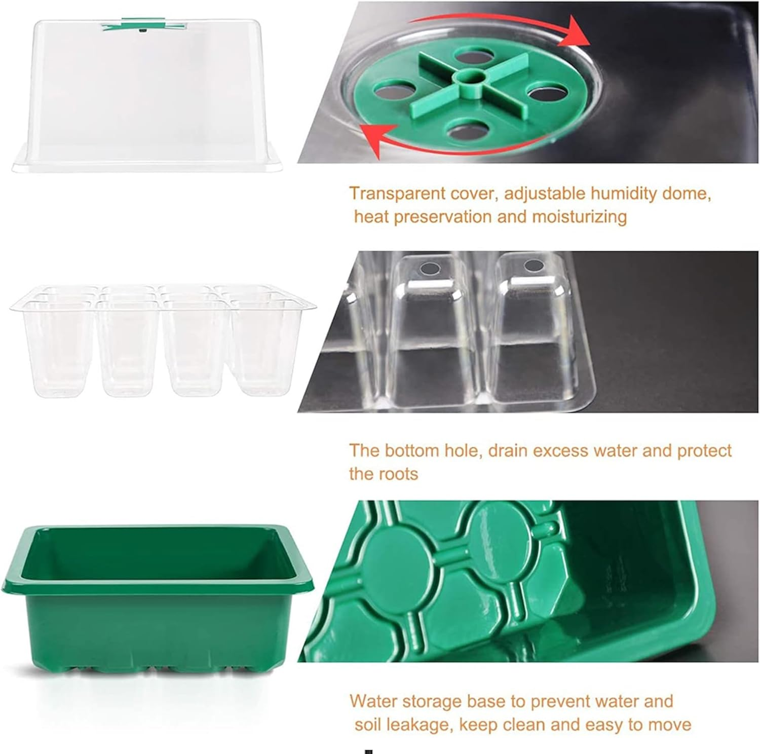 5 Pack Seed Starter Tray with Grow Light Humidity Domes, 60 Cell Trays Germination Station Cloning Kit (Green) - Green image number 1