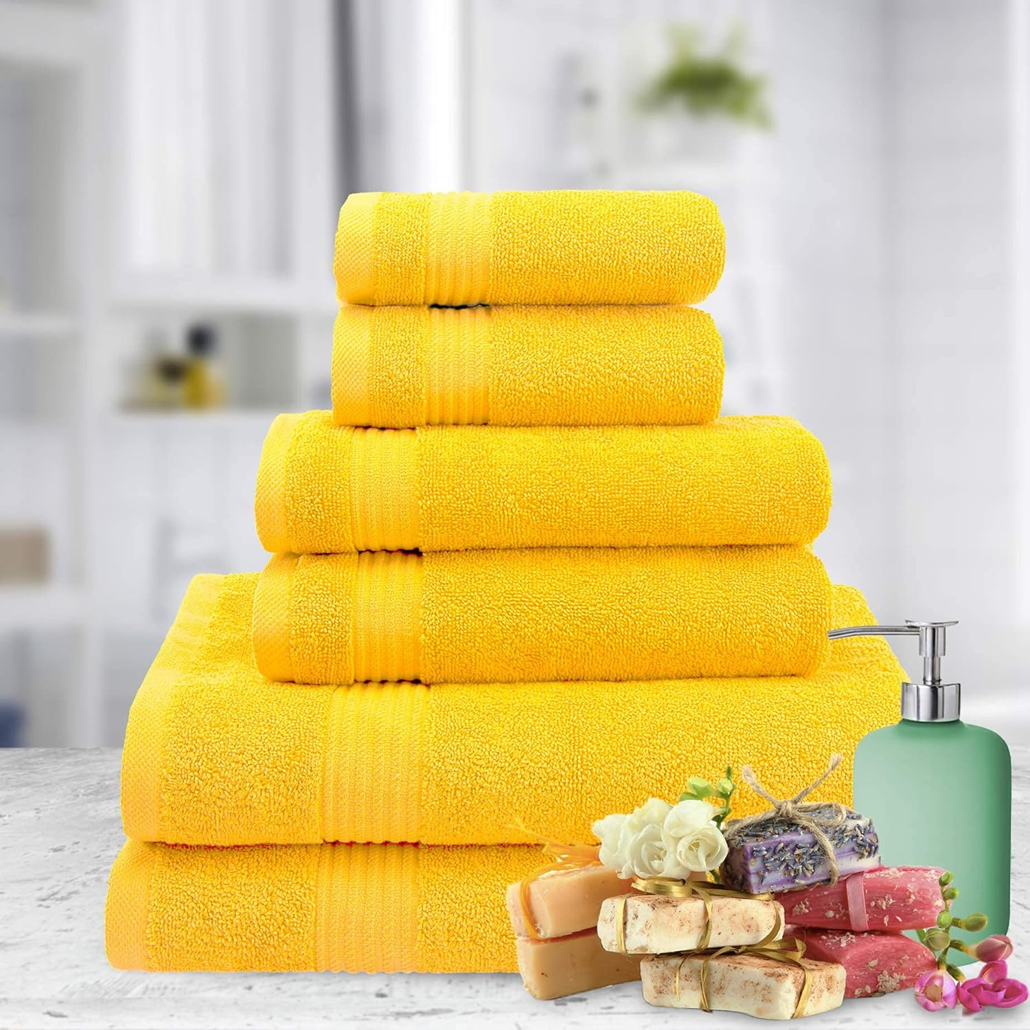 American Veteran Towel, 6 Piece Towel Set for Bathroom, 100% Cotton Turkish Bathroom Towels, 2 Bath Towels 2 Hand Towels 2 Washcloths, Yellow image number 5