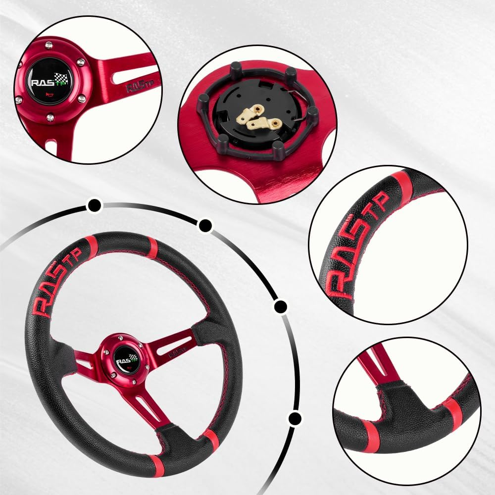 RASTP Universal Racing Steering Wheel,Deep Dish Steering Wheel Leather Embroidery 13.58&rdquo;/345Mm 6 Bolts with Horn Button Include Cable, Wrench,Red - Red image number 2