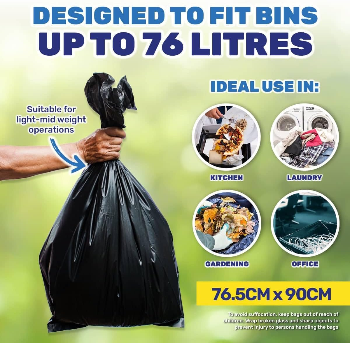 Tear and Leak Proof Garbage Bin Liner 30-Piece Set, 76 Litre Capacity, Black image number 3