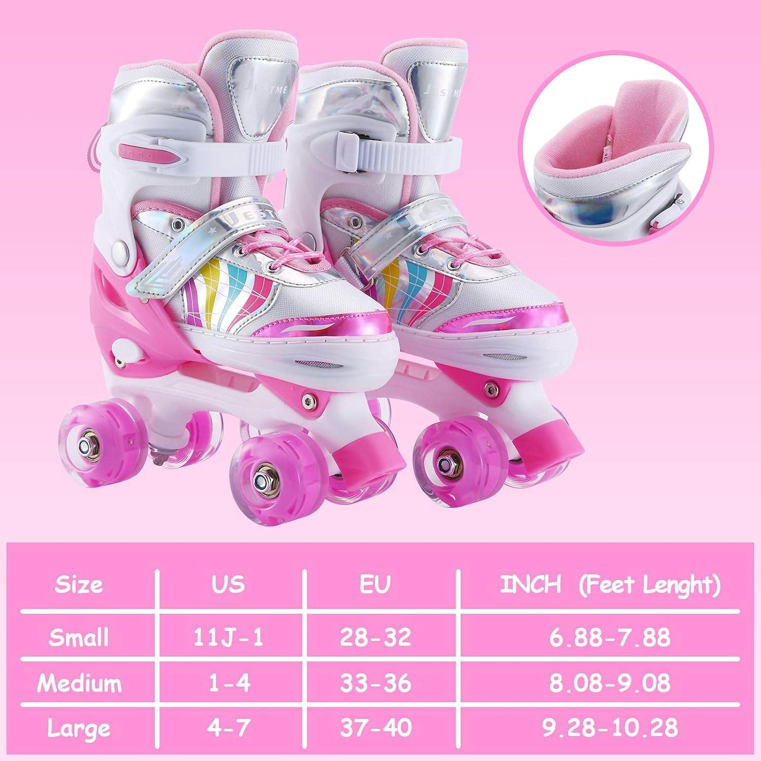 Kids Roller Skates Adjustable for Girls Boys Toddlers Youth , Pink 4 Size Adjustable Light up Roller Skates for Size 11J Todders to Size 7 Youth Women image number 5