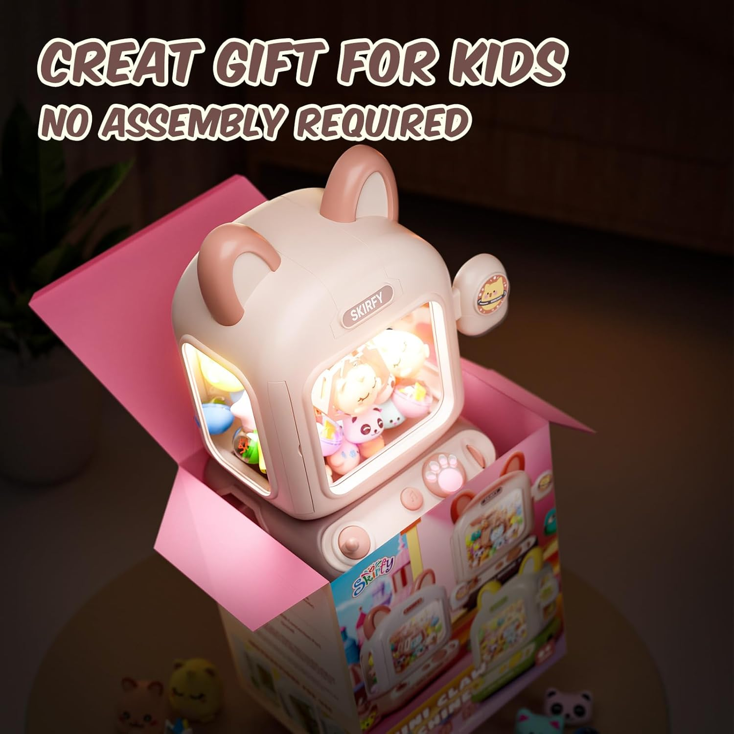 Skirfy Claw Machine for Kids,Mini Vending Machine, Prize Dispenser Toys for Girls and Boys, Electronic Arcade Game for Party Birthdays Includes 32 Mini Toys(Brown) - Brown image number 3