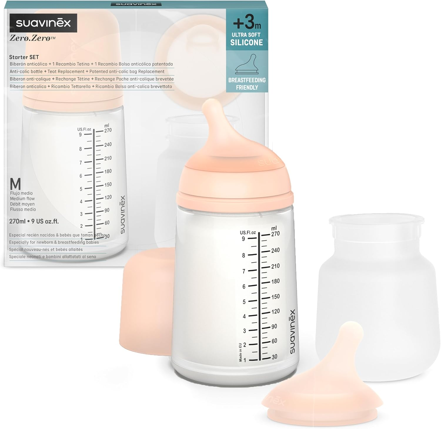 Suavinex Zero Zero Medium Flow Anti-Colic Bottle Pack 270Ml Bottle with Medium Flow Teat and Replacement for Babies 3 Months+