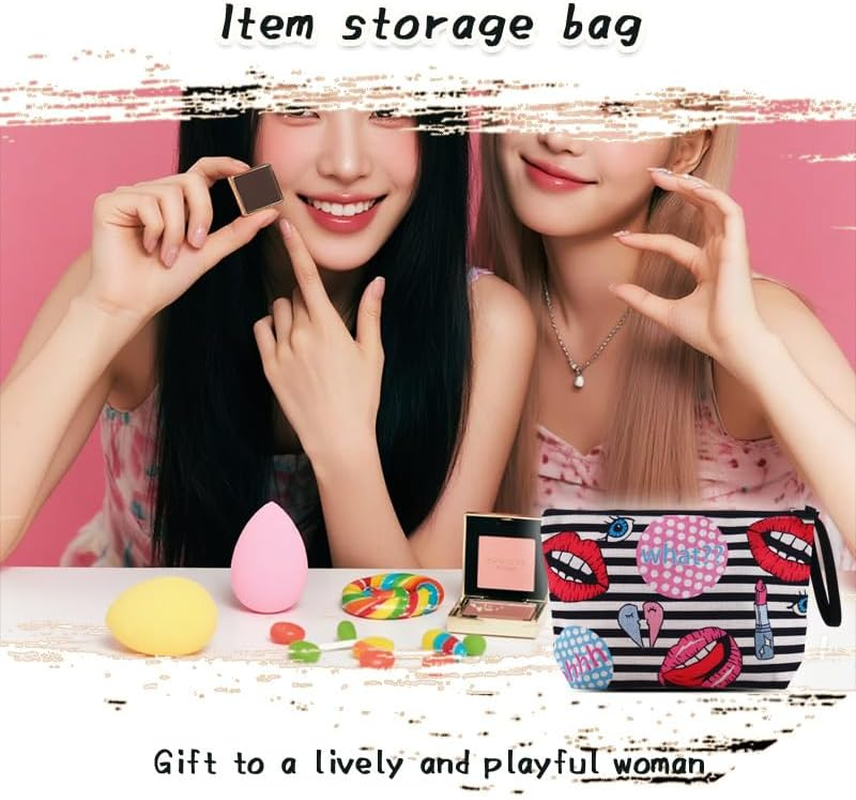 Funny Lips Print Makeup Bag for Women Girls Stripe Travel Cosmetic Pouch for Best Friend Bestie Anniversary Birthday Gifts for Daughter Fashionistas Lipstick Print Make up Organizer Makeup Lover Gift image number 2