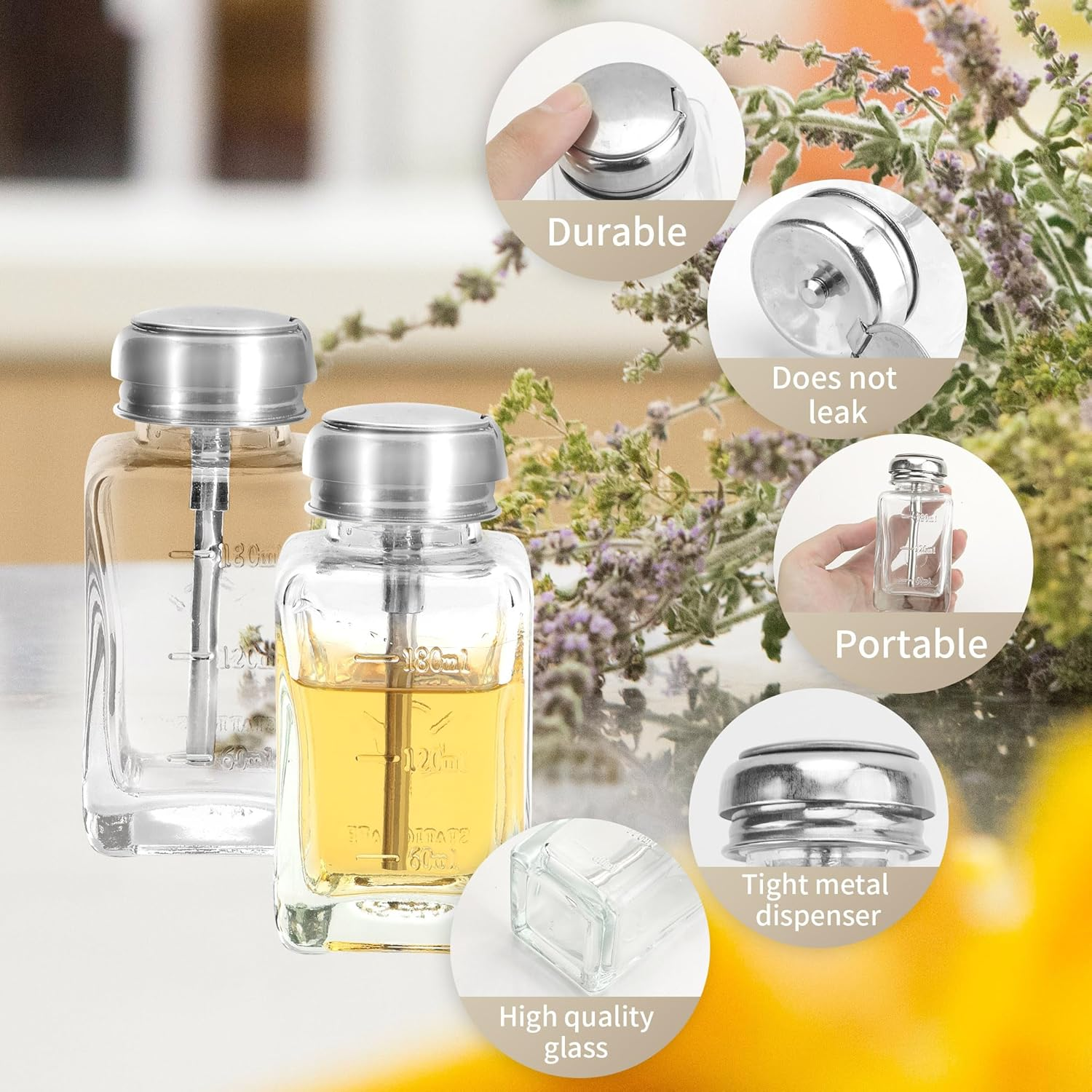 Soug 3 Pcs 6 Oz/ 180 Ml Clear Pump Dispenser Bottle with Metal Flip Cover Glass Nail Polish Remover Push down Dispenser Bottle Refillable Push down Pump Dispenser Press Container for Makeup Remover image number 1