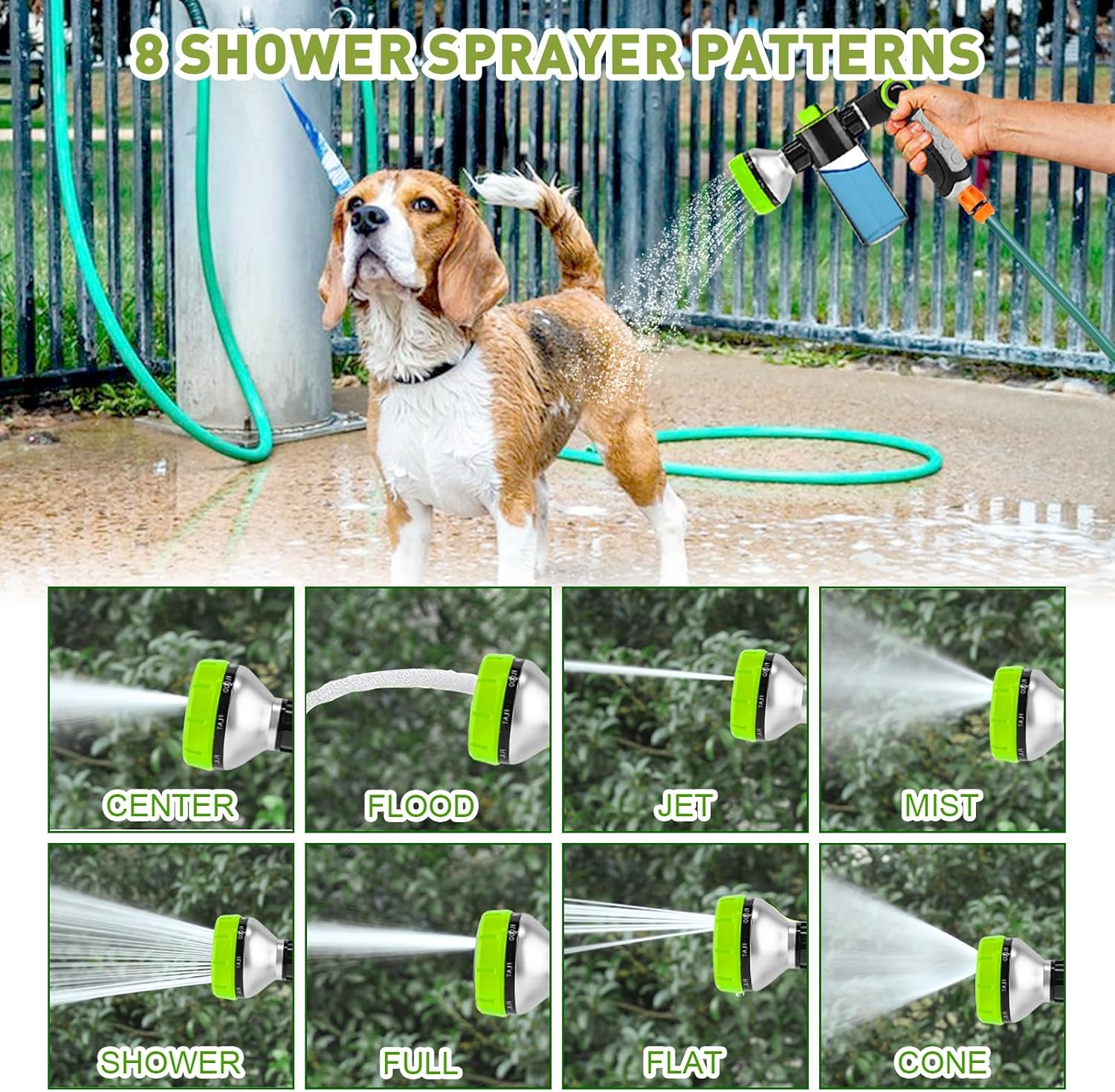 Dog Washing Hose Attachment, Dog Sprayer with 3.5Oz/100Cc Soap Dispenser Bottle, Massage Brush, Solid Brass Garden Hose Adapters, Garden Hose Nozzle for Pet Bathing, Car Washing - Green image number 5