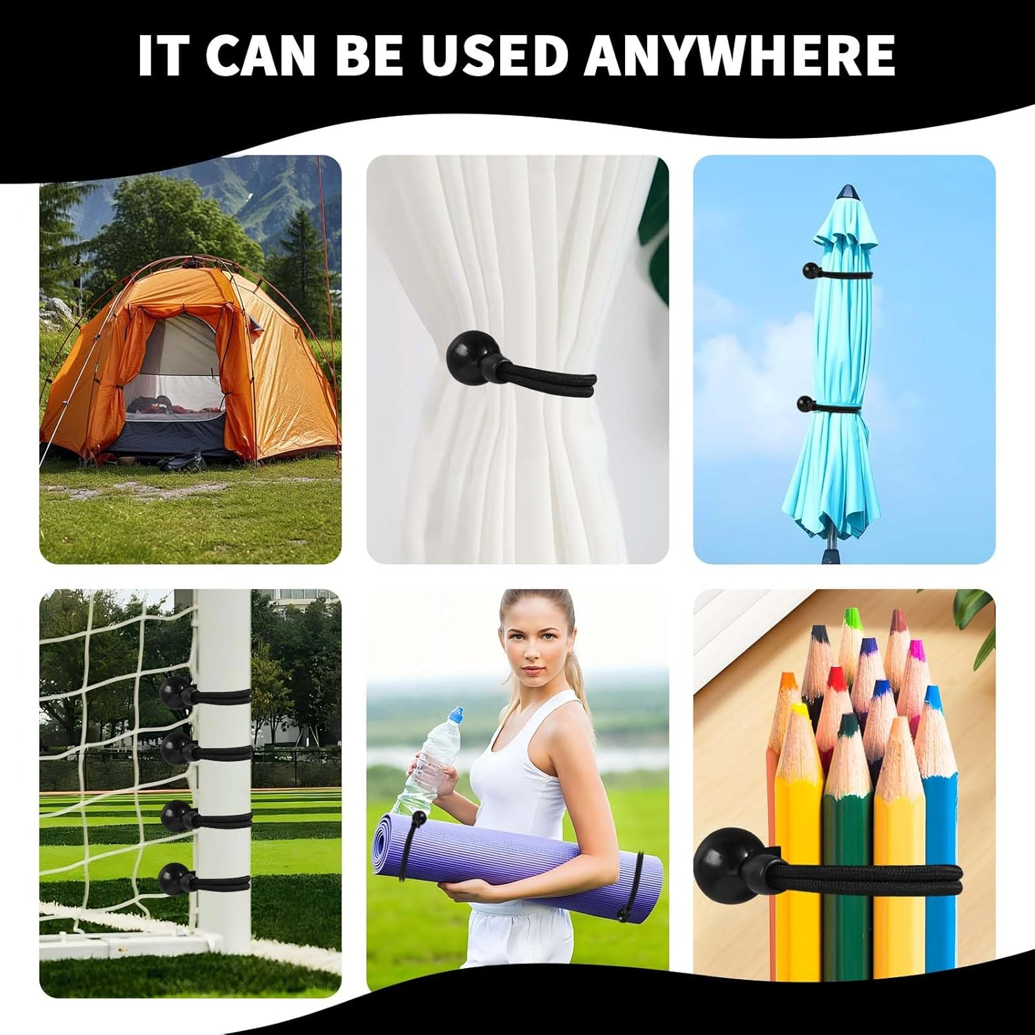 Lihopefe Bungee Kit + End Caps, Universal Mounting Brackets for Exterior/Interior Sun Shades & Roller Blinds (Black, 2Pack) image number 3