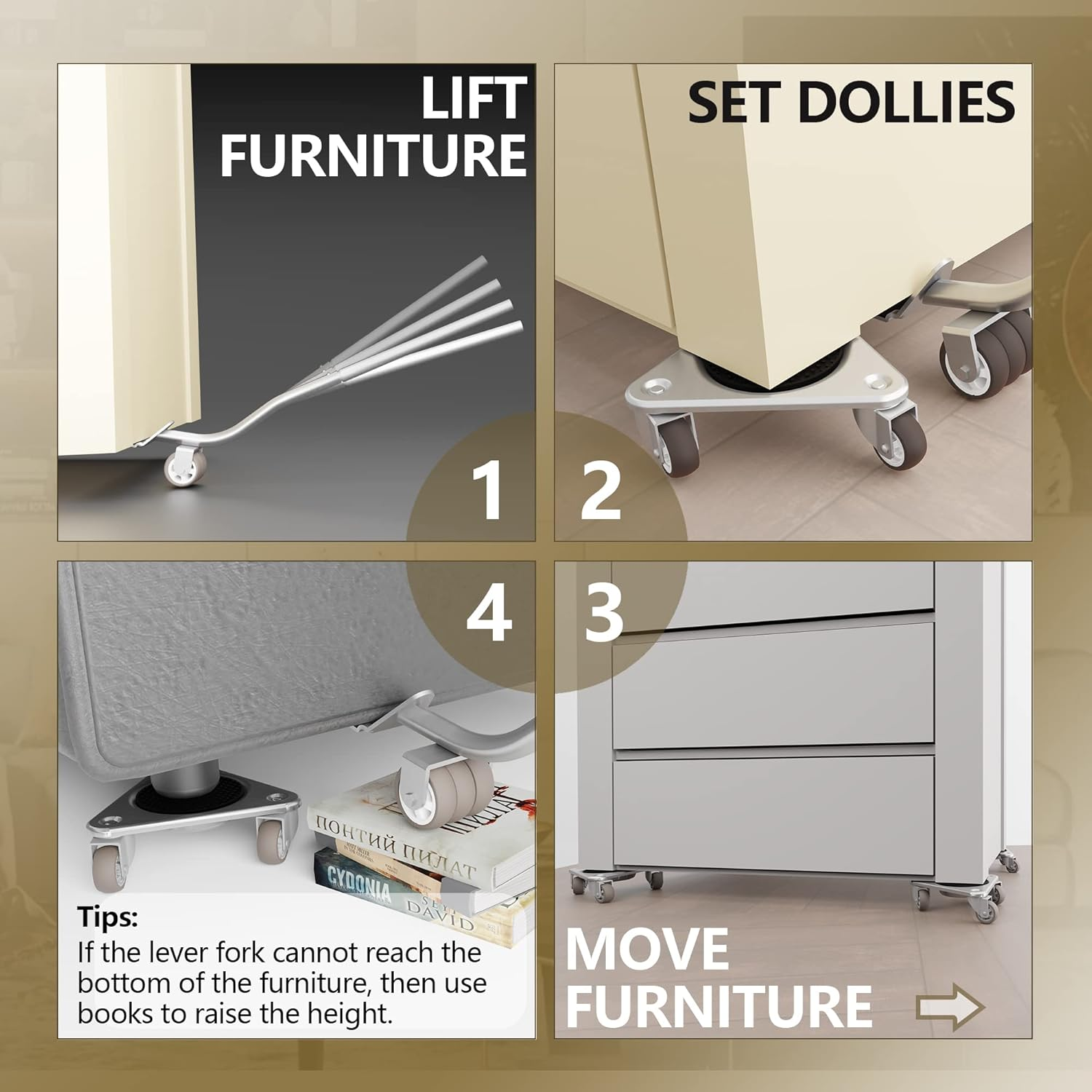 Furniture Mover by ONEON - 6 7/8" Steel Tri-Dolly, 3 Wheels Furniture Dolly for Moving, 720 LB Max Load Capacity (4 Pack Dolly + 1 Pack Lifter) image number 4