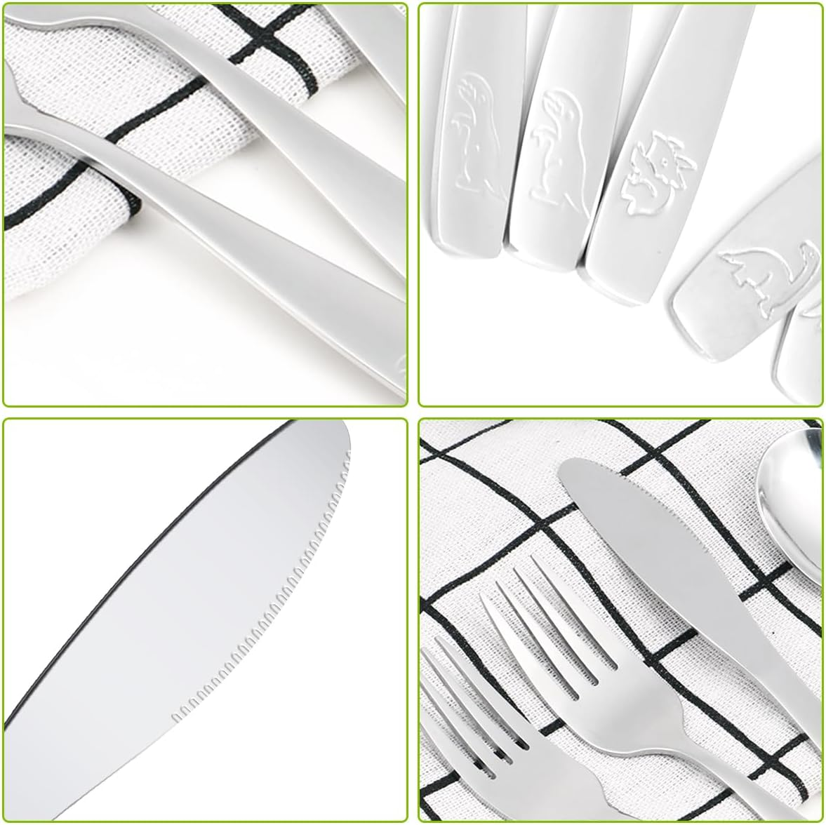 15Pcs Kids Silverware Set Fork Knife and Spoon Set 410 Stainless Steel Toddler Utensils Ergonomic Smooth Kids Cutlery Flatware Funny Dinosaur Dishwasher Safe for Children Toddler