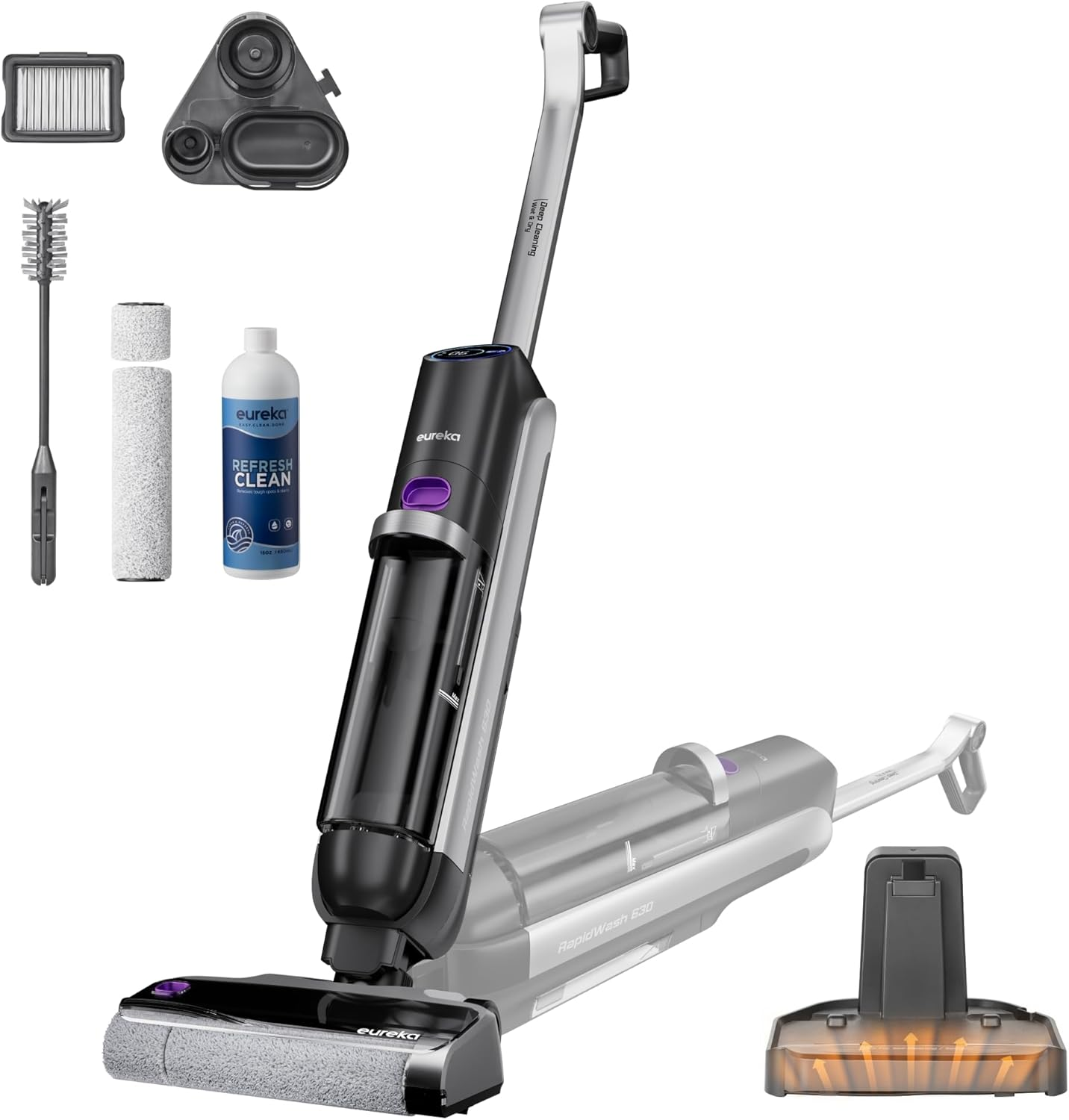 EUREKA Rapidwash NEW630 Cordless Wet Dry Vacuum Cleaner, 21600Pa Smart Hard Floor Washer with 170&deg; Lay-Flat, 60℃ Hot Air Flash Drying, Self-Cleaning, Edge Clean, Messes Detection, Tangle-Free Design image number 4