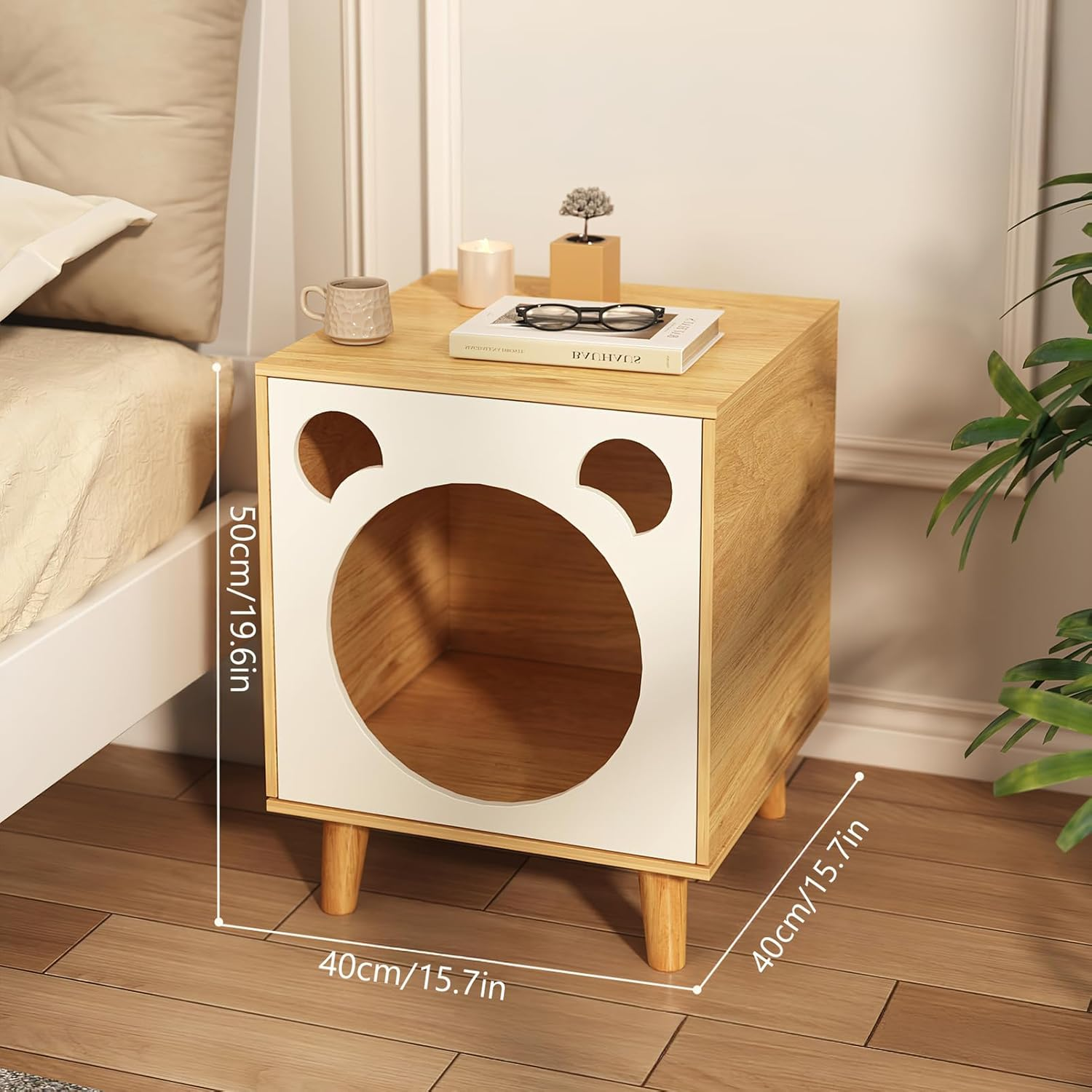 XXYSPT Modern Cat House End Table with Pet Cushion, Wooden Cat Furniture, Dual-Color Wooden Enclosed Cat Condo Nightstand, Indoor Pet Furniture for Cats and Small Dogs &ndash; 40 X 40 X 50 Cm image number 1