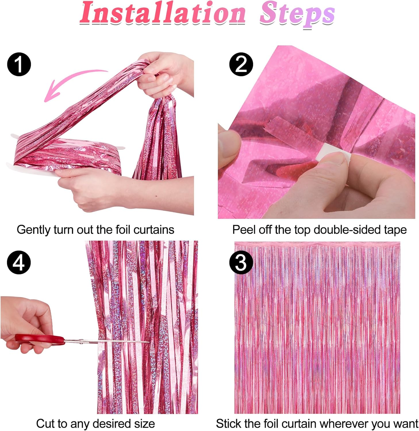 2 Pack Glitter Pink Backdrop, 3.28 FT X 7.05 FT Birthday Party Decorations, Laser Pink Fringe Curtains Foil Streamer Tinsel, Pink Curtains Photo Backdrop Happy Birthday Backdrop - Black image number 7