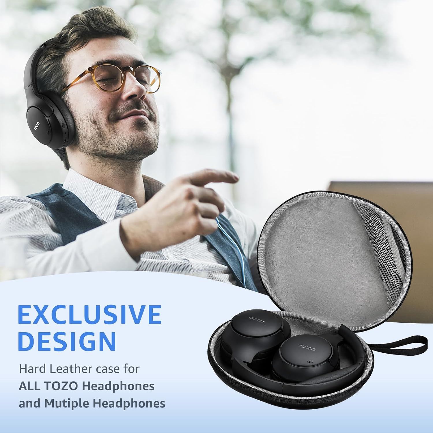 TOZO Headphone Case Cover HT2 HT1 Wireless Headphones,Anti-Scratch, Water and Dust Resistant, Pocket for Cable, Faux Leather Storage Bag, Case Only, Black image number 1