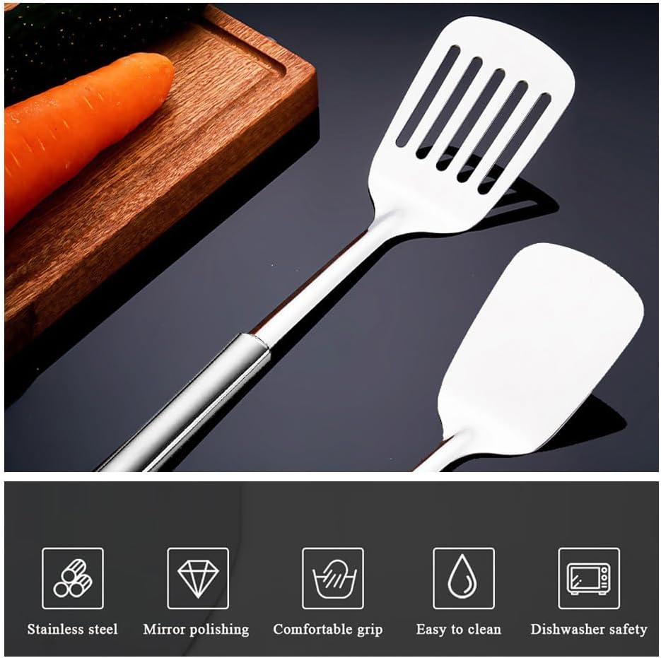 Stainless Steel Spatulas Set,Silver Slotted Turner, Solid Turner,Heavy Duty Sturdy Kitchen Spatula High Heat Resistant, Ideal Cookware,Dishwasher Safe, Easy to Clean (2Pcs) image number 1