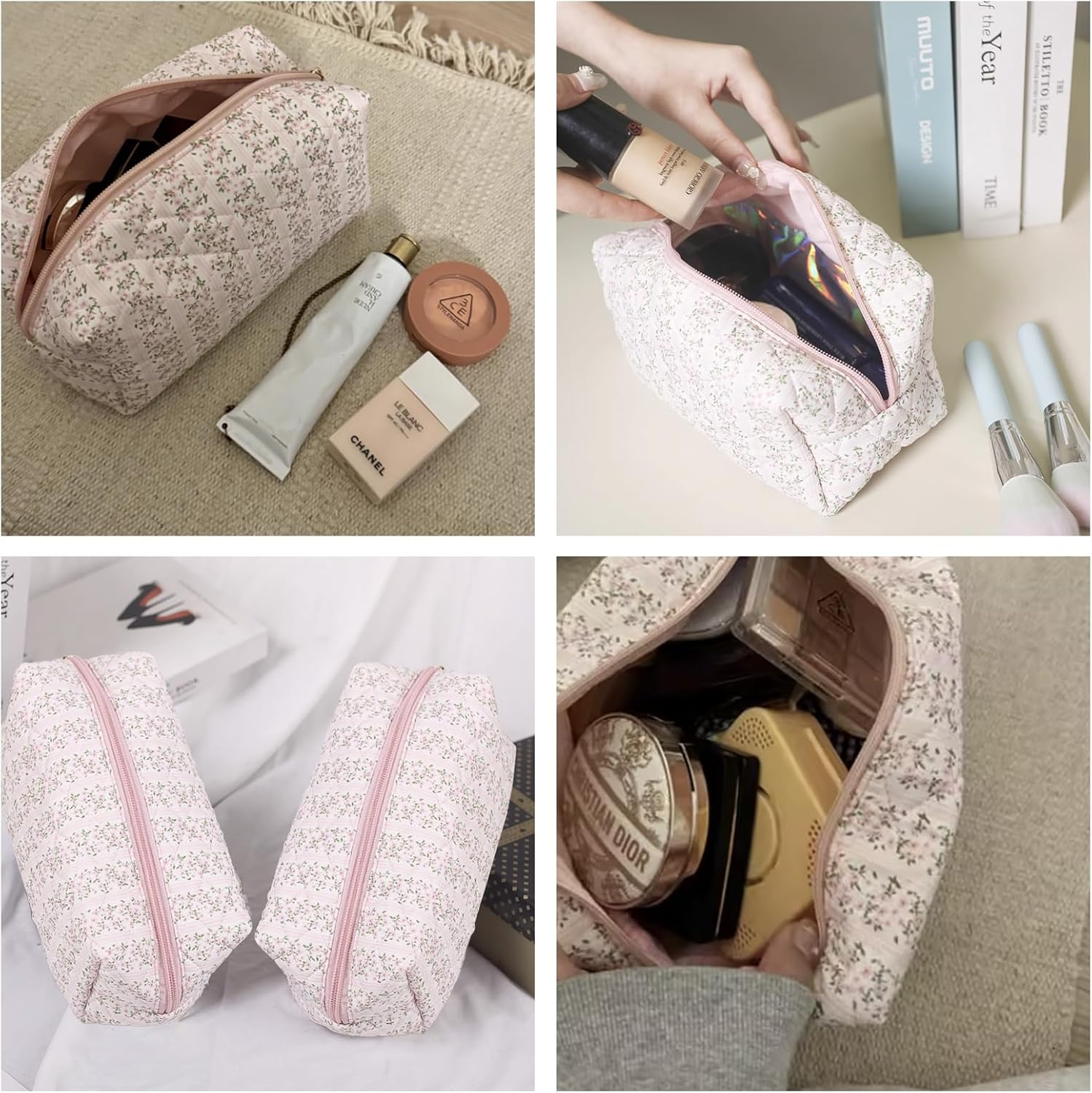 Stylish Quilted Makeup Bag, Large Floral Cosmetic Pouch with Pink Gingham Lining, Toiletry Bag for Women, Travel, and Everyday Use, Mini and Small Makeup Bag for Cosmetics image number 5