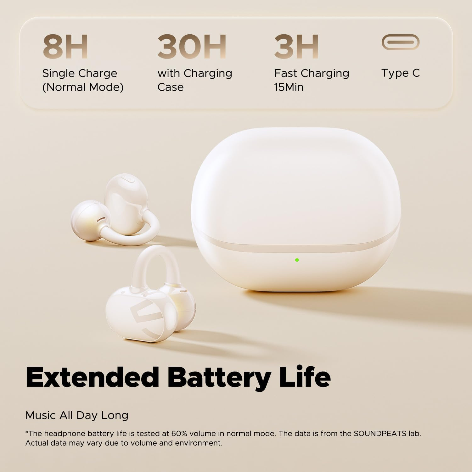 SOUNDPEATS POP Clip Open Ear Earbuds, Bluetooth 5.4 Clip-On Headphones, Lightweight Comfort, AI Call Noise Cancellation with Dual Connection, Immersive Audio Wireless Earbuds, 30H (Beige) image number 5